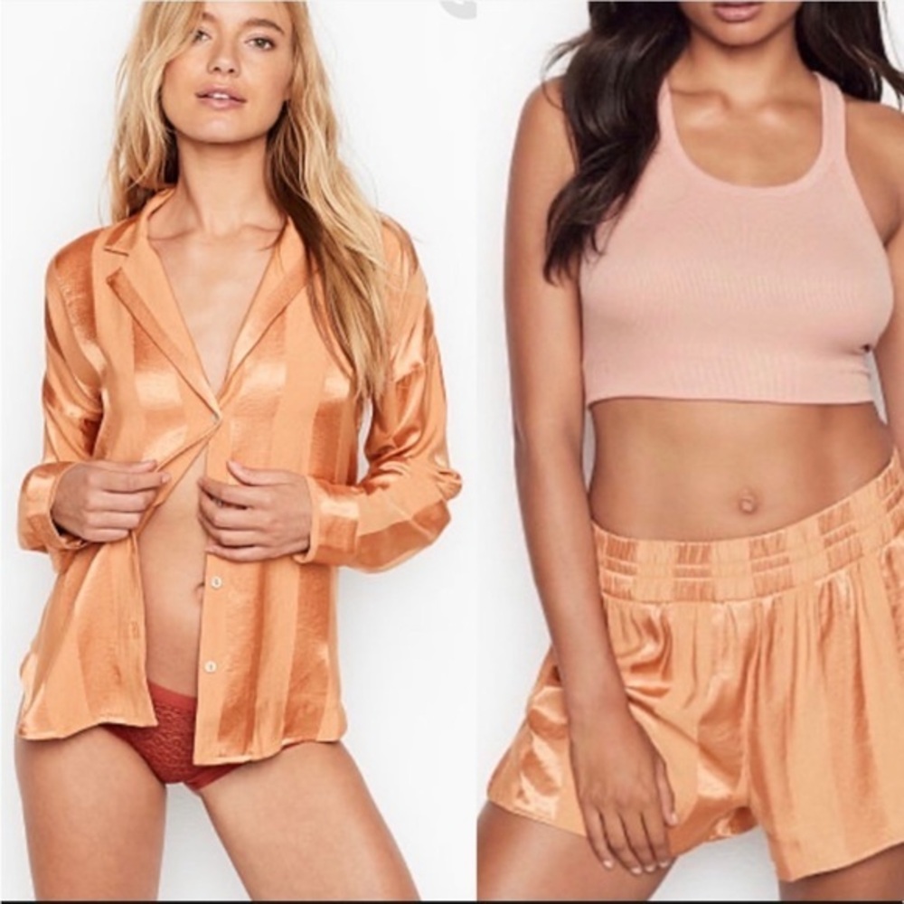 Victoria’s Secret Orange Satin Stripe 2 Piece Top Shorts Pajama Lounge Set